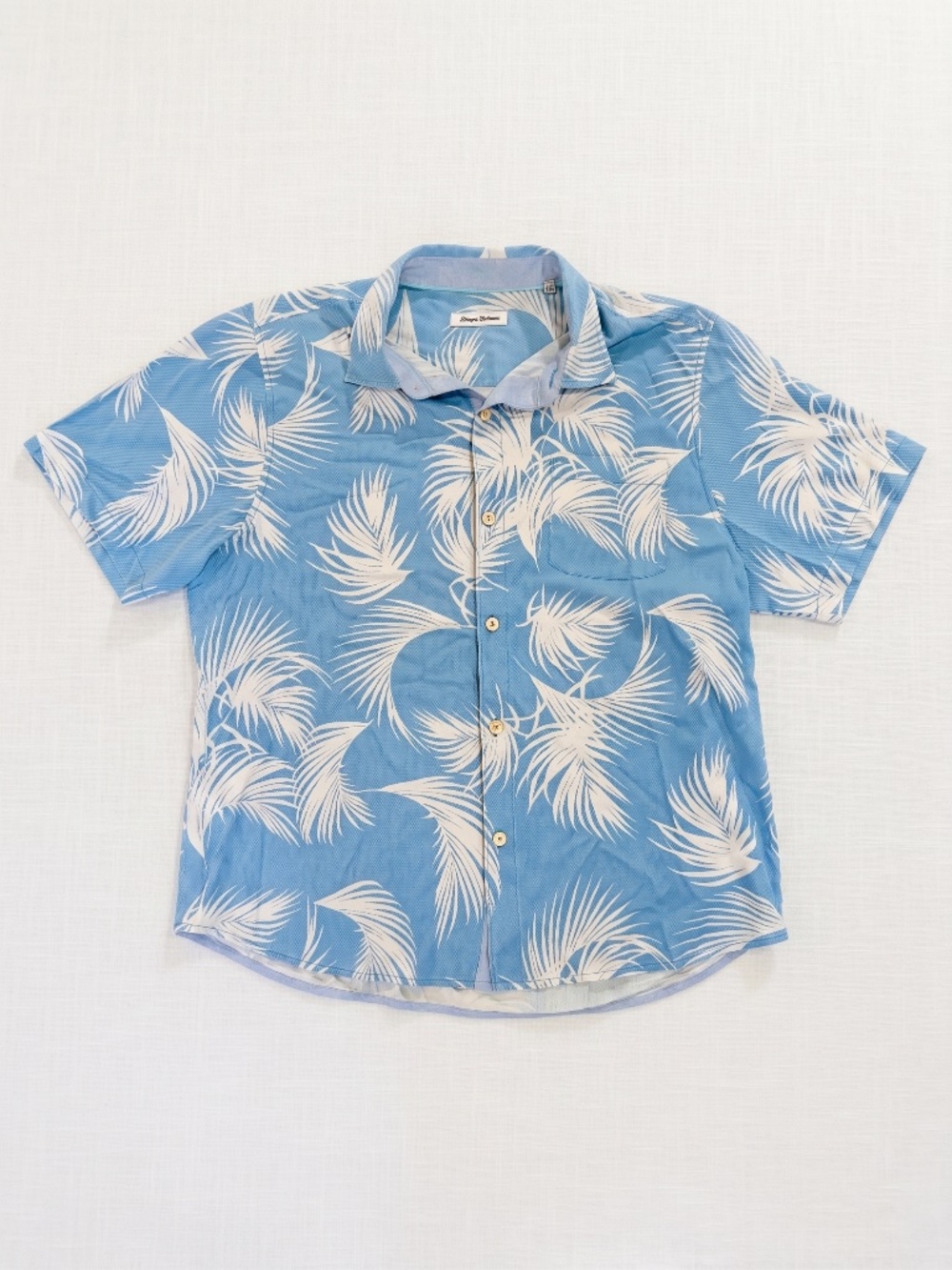 Tommy Bahama Mens XL IslandZone Silk Hawaiian Shirt Light Blue White Palm Frond